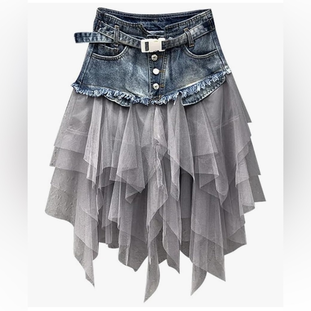Denim-Bodice Grey Layered Tulle Midi Skirt